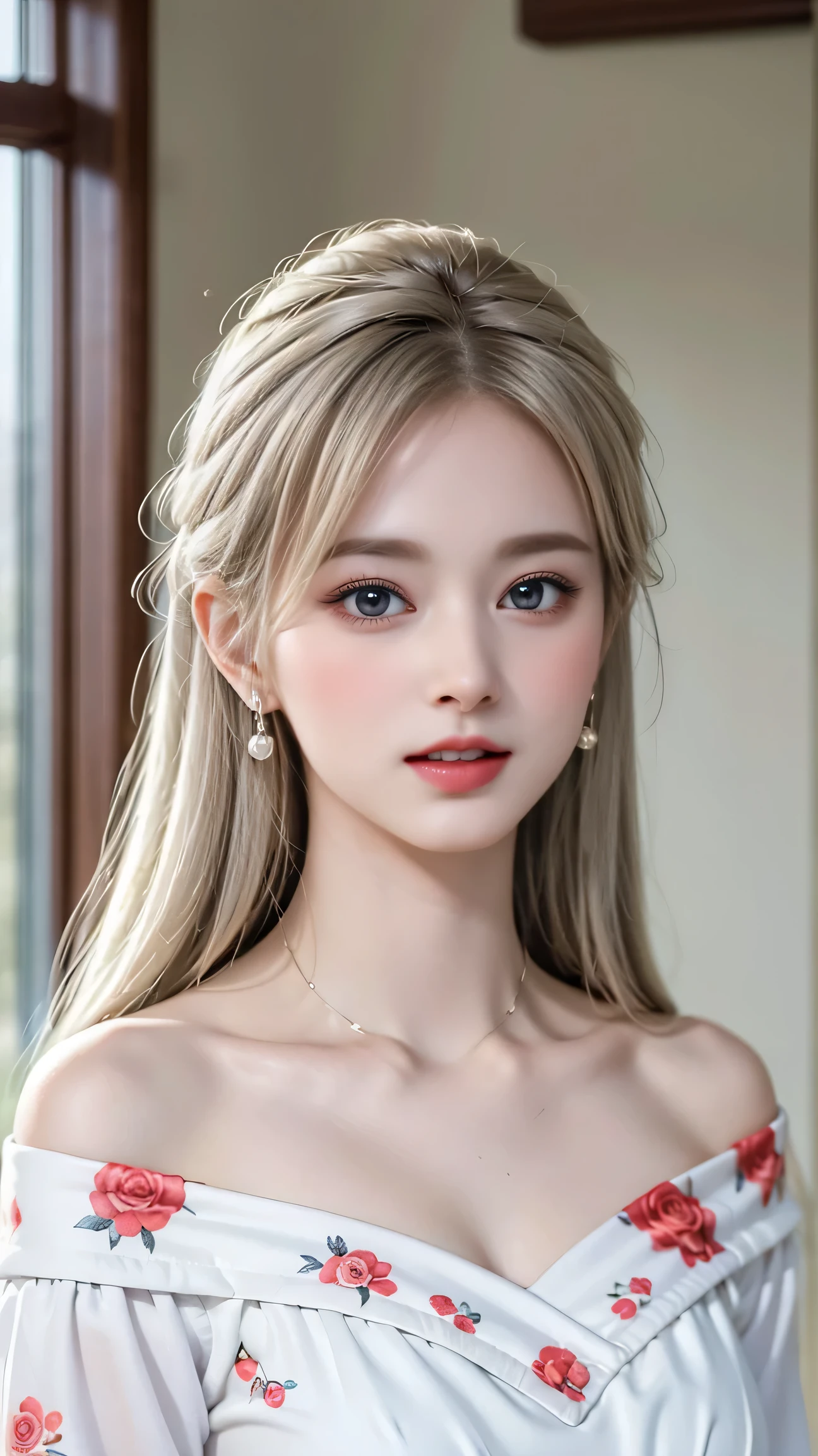 （(Girl sitting on sofa bed))Top quality work，actual work，Ultra Premium Graphics，8K HD CG works，High quality graphics，High-definition CG works，10x pixels，Extremely fine detail：1.1，Advanced Technical Details：1.1 Photorealistic，Indoor lighting effects：1.5，Natural light：1.5. Light effects（virtual Light effects：1.8），超A high resolution，長いSilver Hair，Silver Hair，Transparent Hair，Hair with attention to detail（Premium Hair Detail：1.1）Clear Eyes，Beautiful double eyelids，Sharp eye makeup, Delicate eyelash makeup, Thin eyebrows, Highly detailed eyes，High nose, Nice red lips, Rose Cheeks, A face with subtle makeup , Cute face, perfectly balanced face,（Advanced Face Detail：1.1），Shiny、girl ，Bright Red Series，(Off-the-shoulder floral print white dress)，Photo shoot in front of a mirror，woman&#39;Artwork by，Full body portrait，realism，wonderful，My eyes are shining today（smile)
