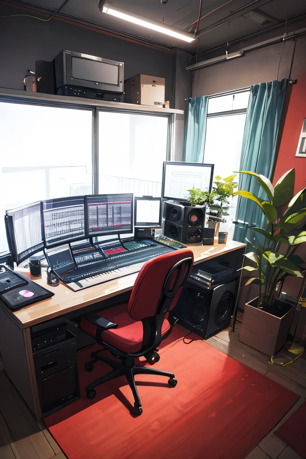 Producer Music Studio, comfy, red and purple lights, less speakers and computers, small plant