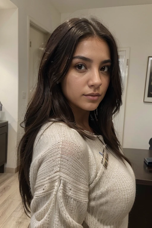 (Obra maestra, mejor calidad, high resolution: 1.2), 1 chica, mirada abajo, estudiando, cabello largo, parte superior del cuerpo, sueter, cabello negro, rasgos latinos europeos
