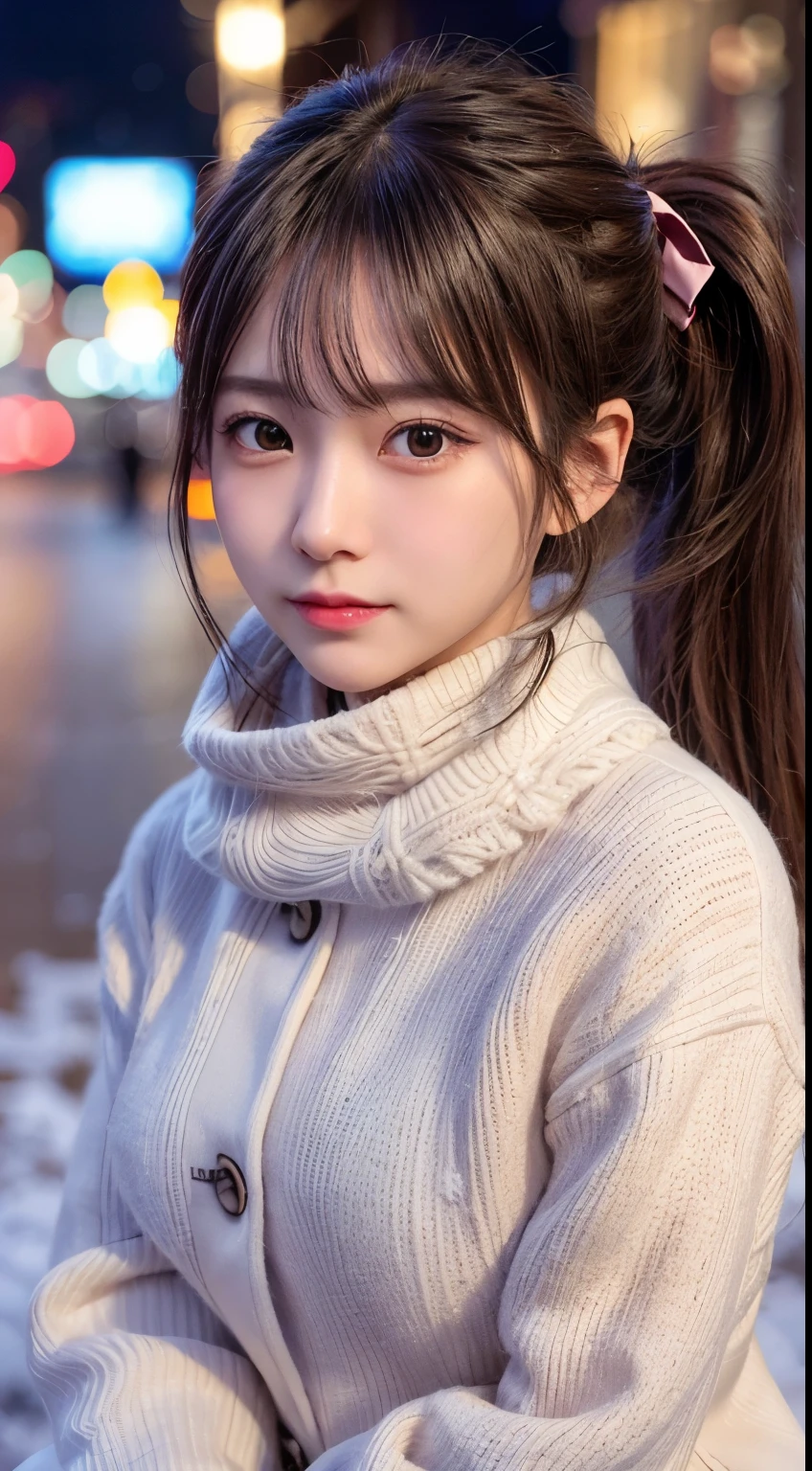 blush,Long hair ponytail,A big ribbon in her hair,(8k, RAW Photos, highest quality, Pieces fly:1.2), (reality, Realistic:1.4), (Highly detailed 8k wallpaper), Sharp focus, Depth of written border, Cinema Lighting, Soft Light, Detailed beauty eyes,Shiny and smooth light brown ponytail, Asymmetrical bangs, Shiny skin, Highly detailed skin ,High resolution, Attention to detail, Detailed hairstyle, Detailed beautiful face, Hyper Real, Perfect limbs, Perfect Anatomy ,1 Japanese girl,Famous Japanese Idols, Perfect female body,A shy smile,short eyelashes,double eyelid,Look straight here,Hairstyle: Ponytail,Attach a ribbon, office,Long ponytail hairstyles,Wear a scrunchie,Wearing a long coat,Street,Stand up straight and pose,The whole body becomes visible,winter,Warm clothes,look straight at me,Wear a scarf,It's snowing,Wear a black long-sleeved coat,European cityscape,Cobblestone Street,A European church can be seen in the background.,In front of a European church,Dusk time,The lights are shining