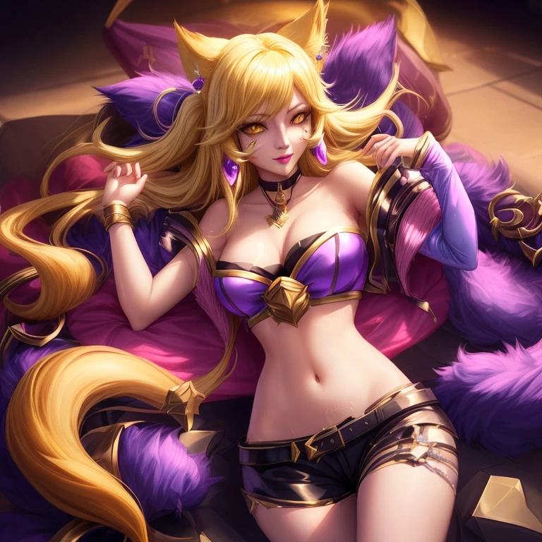 K/Da_ahri, 1girll, ahri (League of Legends), Breasts, Animal ears, Blonde hair, Solo, Fox ears, K/Da (League of Legends), Long hair, cleavage, Tail, whisker markings, view the viewer, face markings, choker necklace, Large breasts, Bare shoulders, Fox tail, jewelry, Yellow eyes, Upper body, Multiple tails, bangs, Shiny, 鎖骨, covered navel, Earrings，Smile，full bodyesbian，Wear long-barreled high-heeled boots，forest backgrou
