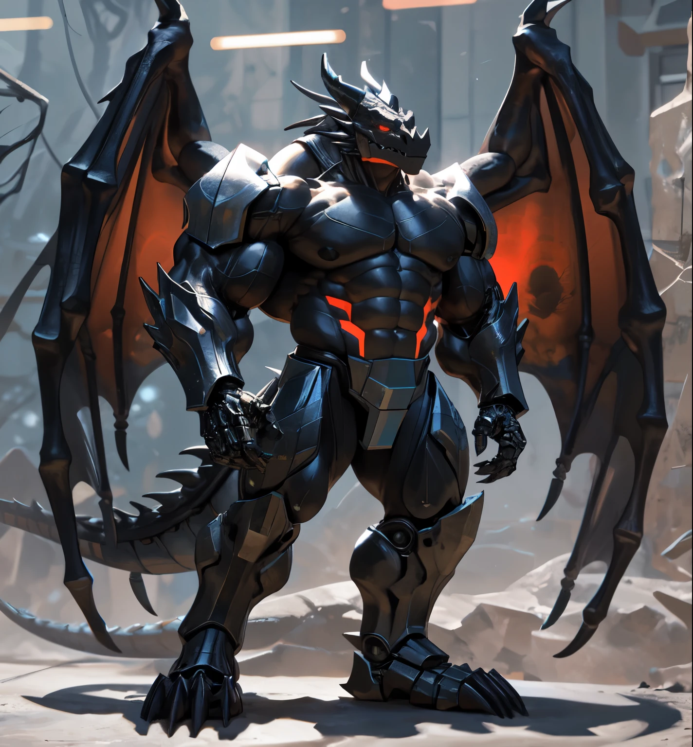 An advanced bionic mech, cybrog, anthro, dragon, male, full body, Muscle, Delicate face, Delicate eyes, 1 tail, (glowing LED), energy, outdoors, extremely detailed CG unity 8k wallpaper, realistic, masterpiece, highest quality, lens flare, unreal engine, trending on ArtStation, Intricate, High Detail, dramatic, realism, beautiful and detailed lighting, shadows, black scales, rubber goo body, wings, evil looking, crimson glowing eyes, black and evil armor, futuristic evil armor, heavy armor, snout-cover armored mask, balanced physique, muscule-shaped armor, evil master, a pair of IFBB-bodybuilder level of muscular great wings, evil dominator, war machine, hunk, hulking IFBB muscular physique, thick arms and legs, heavy evil armor boots, muscular texture and details on evil armor, exposed muscular abdomen IFBB level of muscles, metal collar, muscular inner thighs, majestic, detailed IFBB bodybuilder muscles inside of the armor, dark master, crimson and black wings, harness armor, nipple piercings, long legs, pit fiend, cybernetic visor, claws