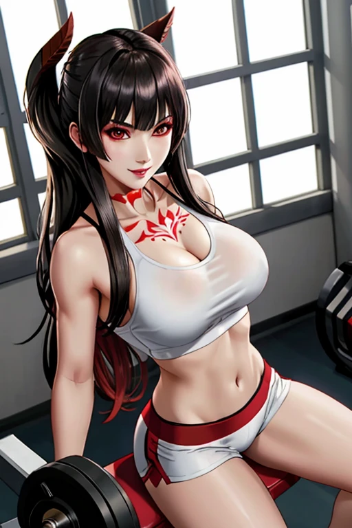 Eliza From Tekken, sensual smile, wearing white shirt and red fitness shorts, in the gym training center