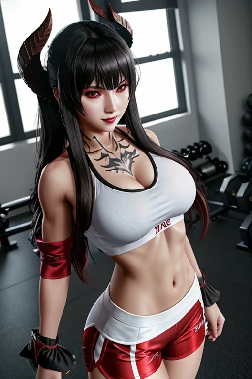 Eliza From Tekken, sensual smile, wearing white shirt and red fitness shorts, in the gym training center