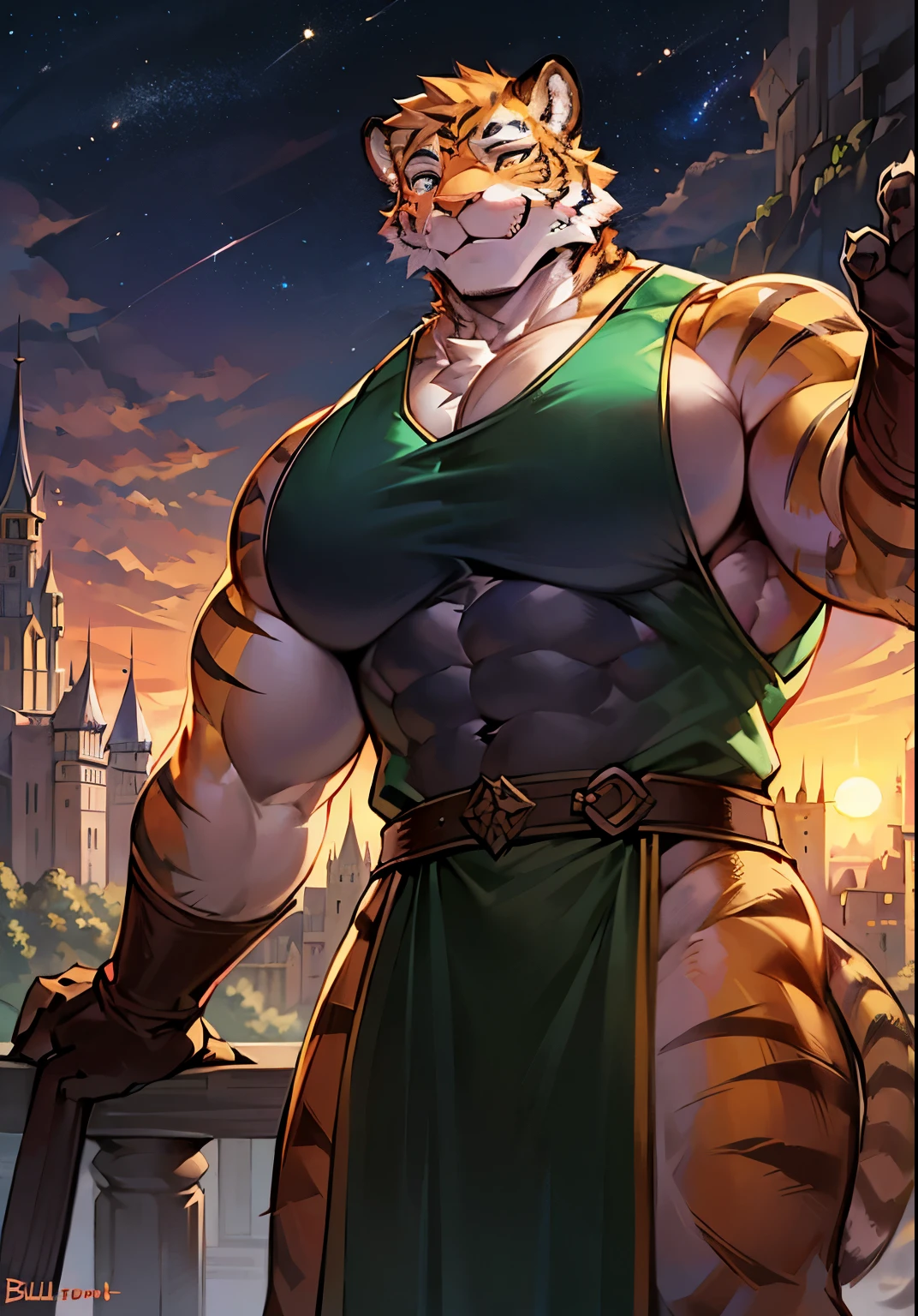 solo male, thin, lithe, muscular body, massive pecs, bulging pecs, saggy pecs, round pecs, huge pecs, tiger knight, standing under the stars, fantasy background with castle in the distance, facing viewer, head tilted to the side, beautiful sunset sky, wearing tunic, tiger furry character