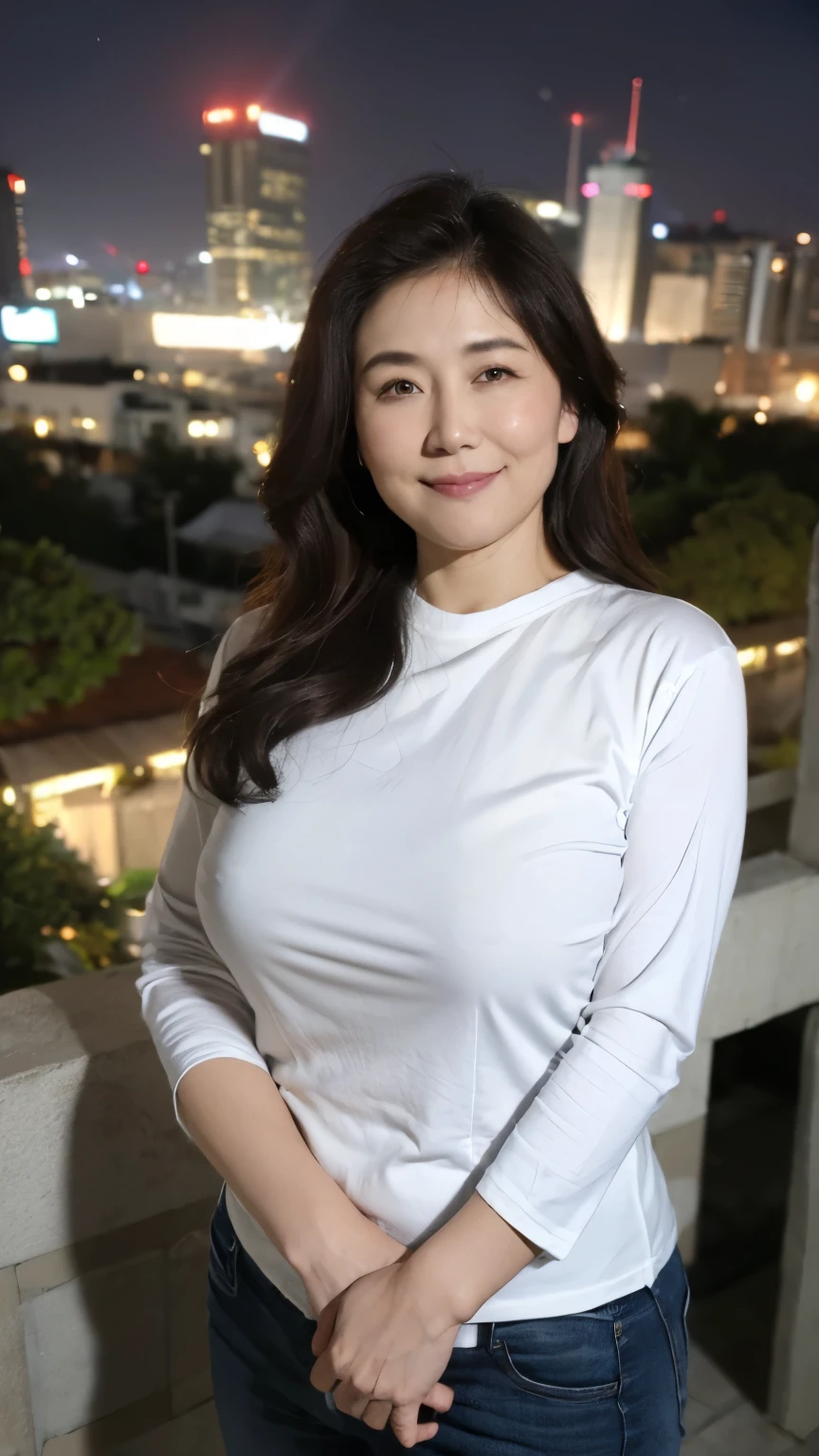 ((Top quality、8K、masterpiece:1.3))、Sharp focus, High level of image quality, High resolution，,shirt，，jeans，37-year-old female，Long wavy hair，Mature，Charming smile，Draw lips correctly, Standing，a little fat，Rooftop evening background，full-body shot，Laser effect, artistic treatment