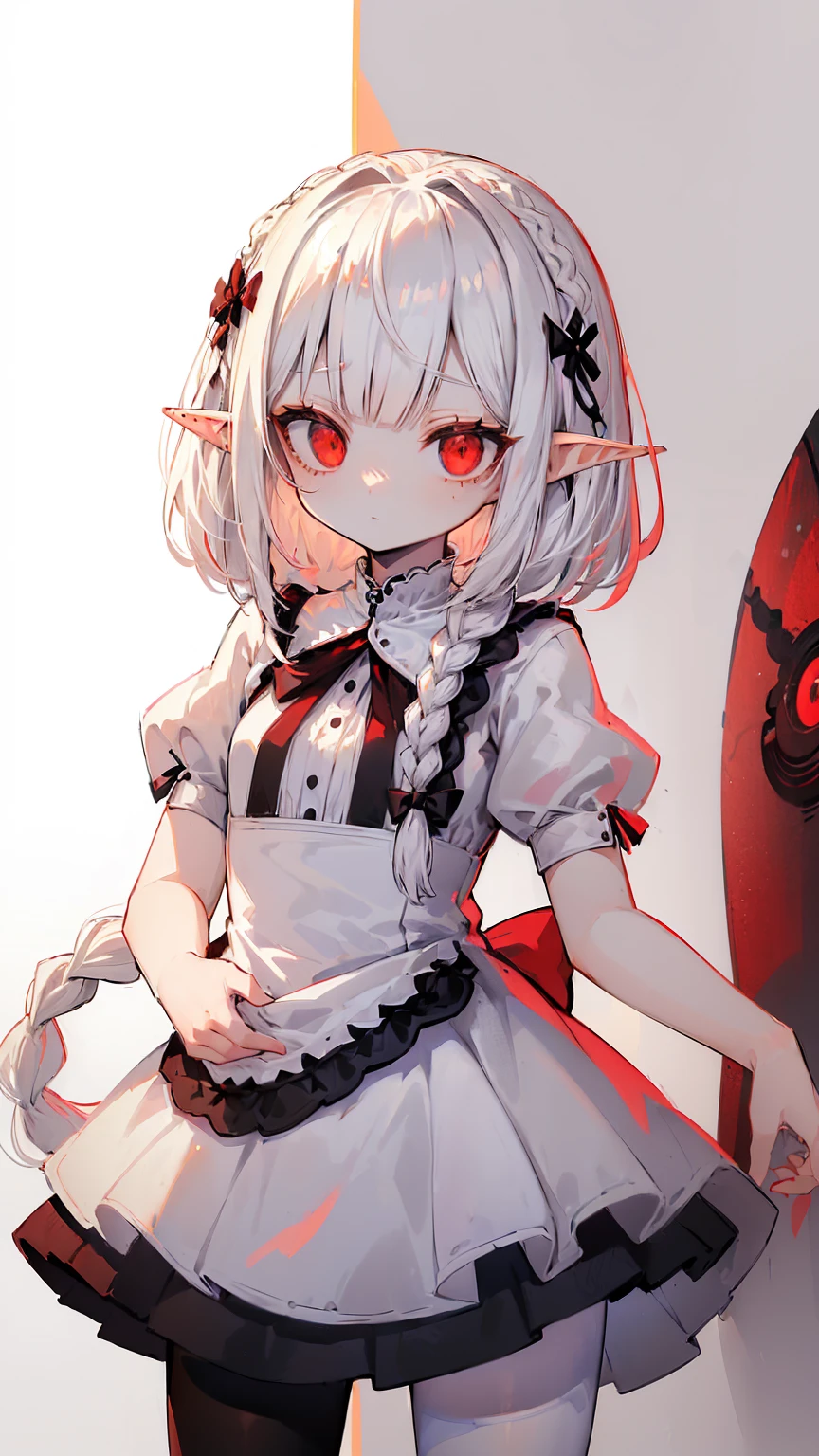 (masterpiece, sidelighting, finely detailed red eyes: 1.2), ((Best quality)), ((masterpiece)), (highly detailed:1.3), anime, 1girl, solo, , childish body, pale white skin, simple white dress, short dress, deep black pantyhose, balet flats, white hair, braided hair, single long braid, elf ears, curious expression, innocent, simple grey background,