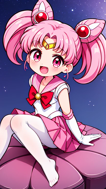 Sailor Moon,young年,Seven years old,cute,(Little ),Pink hair twintails,short hair,Sailor Suit,Red bow,White elbow gloves,Red Skirt,No shoes,Open your mouth,laughing out loud,Fangs,(White pantyhose),Sole,Soles,(young),(little man),sit