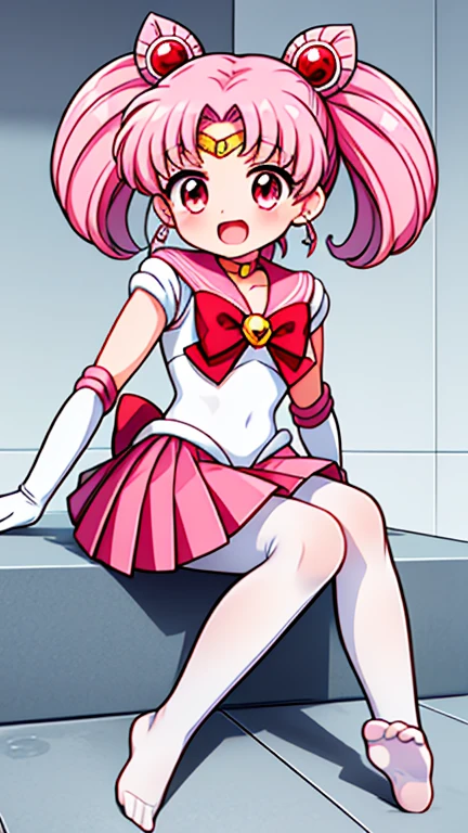 Sailor Moon,young年,Seven years old,cute,(Little Loli),Pink hair twintails,short hair,Sailor Suit,Red bow,White elbow gloves,Red Skirt,No shoes,Open your mouth,laughing out loud,Fangs,(White pantyhose),Sole,Soles,(young),(little man),sit
