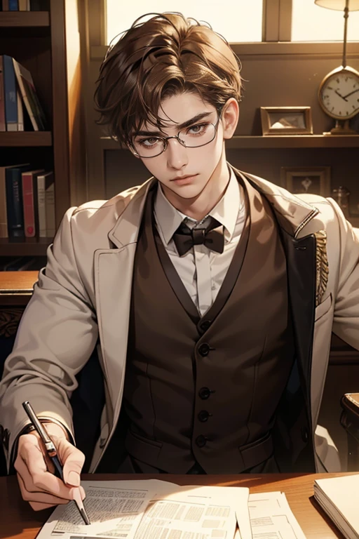 (tmasterpiece, high resolution, ultra - detailed:1.0), (1 boy, Young male), Eyes looking at the camera, Perfect male body, Extremely detailed CG, 8K wallpaper, Complicated details, solo person, Detailed face,(Brown hair, brown eyes, white shirt, brown coat,brown suit vest, Glasses, gloomy face, Sit in front of laptop, Behind it there is a large bookcase, sitting at the work desk, was in the work room), color difference, Depth of field, dramatic shadow, Ray tracing, Best quality, Cinematic lighting, dark room lighting, offcial art