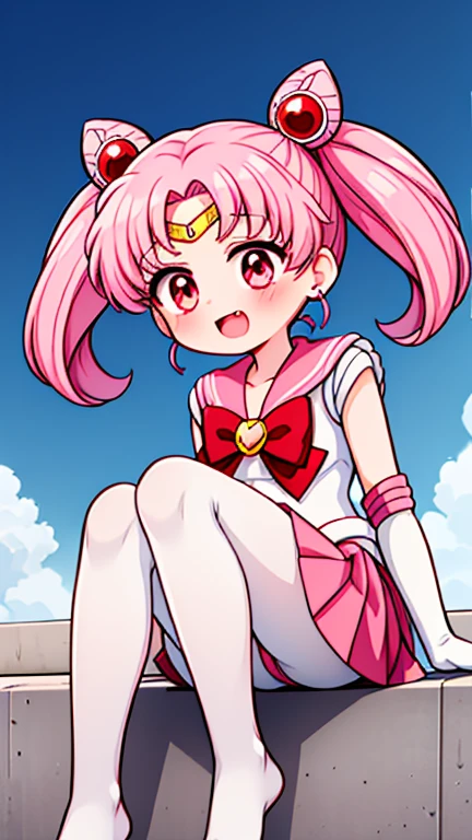 Sailor Moon，young年，Seven years old，cute，（Little Loli），Pink hair twintails，short hair，Sailor Suit，Red bow，White elbow gloves，Red Skirt，No shoes，Open your mouth，laughing out loud，Fangs，(White pantyhose),Sole，Soles，(young)，(little man)，sit