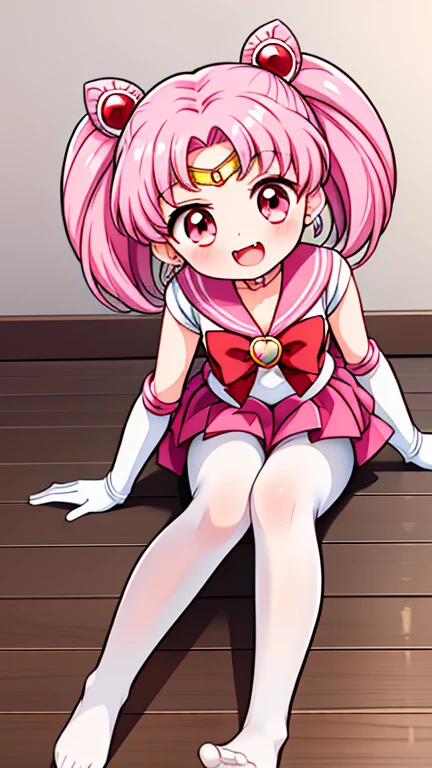 Sailor Moon,young年,Seven years old,cute,(Little Loli),Pink hair twintails,short hair,Sailor Suit,Red bow,White elbow gloves,Red Skirt,No shoes,Open your mouth,laughing out loud,Fangs,(White pantyhose),Sole,Soles,(young),(little man),sit