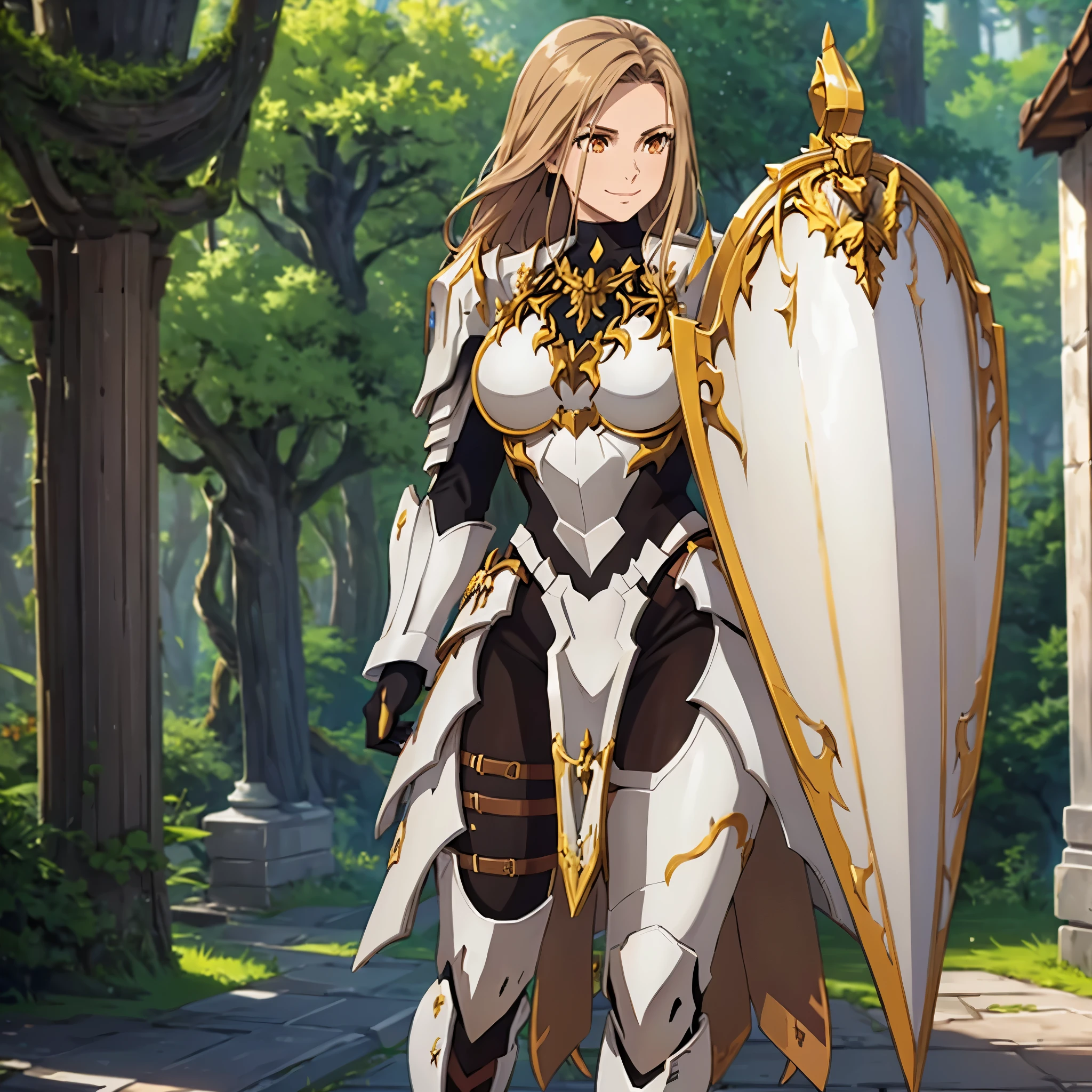 a woman wearing very heavy white armor with gold trim, wearing a dark brown hunting suit, squeezing, long beige hair, orange eyes, smiling, big breasts, in a fantasy forest, walking on a concrete walkway, holding a shield,HDR, masterpiece, well defined, ultra resolution, high quality, 8k HD. (just a woman, solo)
