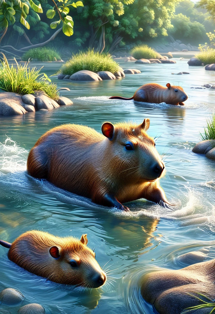 capybara swimming in the river, camalotes, water current, epic: 1.5, photorealistic: 1.4, skin texture: 1.4, super detailed and perfect, masterpiece, super detailed, hyper detailed, well-defined highlights and shadows, 32K