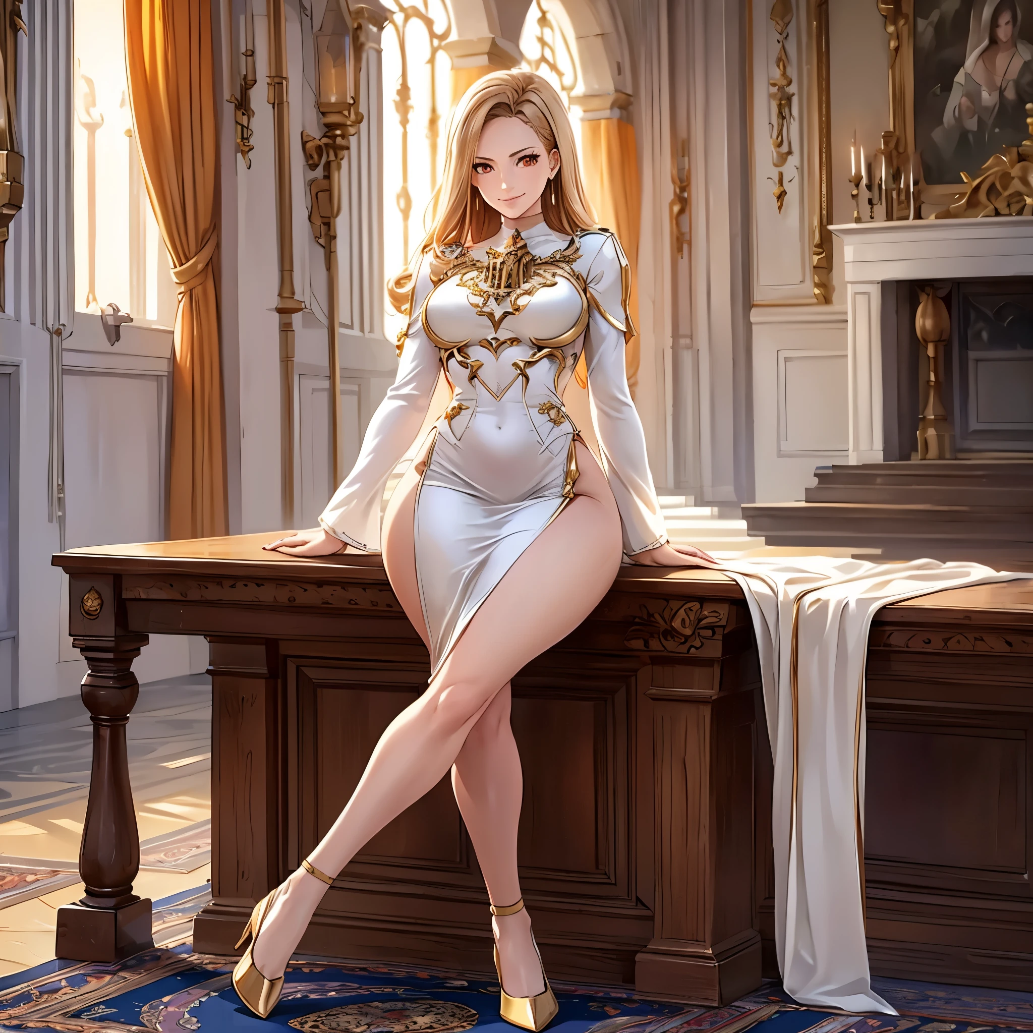 a woman wearing a white dress with gold details on the dress, legs exposed, long beige hair, orange eyes, smiling, large breasts, in a sophisticated medieval hall, with stone pillar windows, carpets, curtains in place,HDR, masterpiece, well defined, ultra resolution, high quality, 8k HD. (just a woman, solo)
