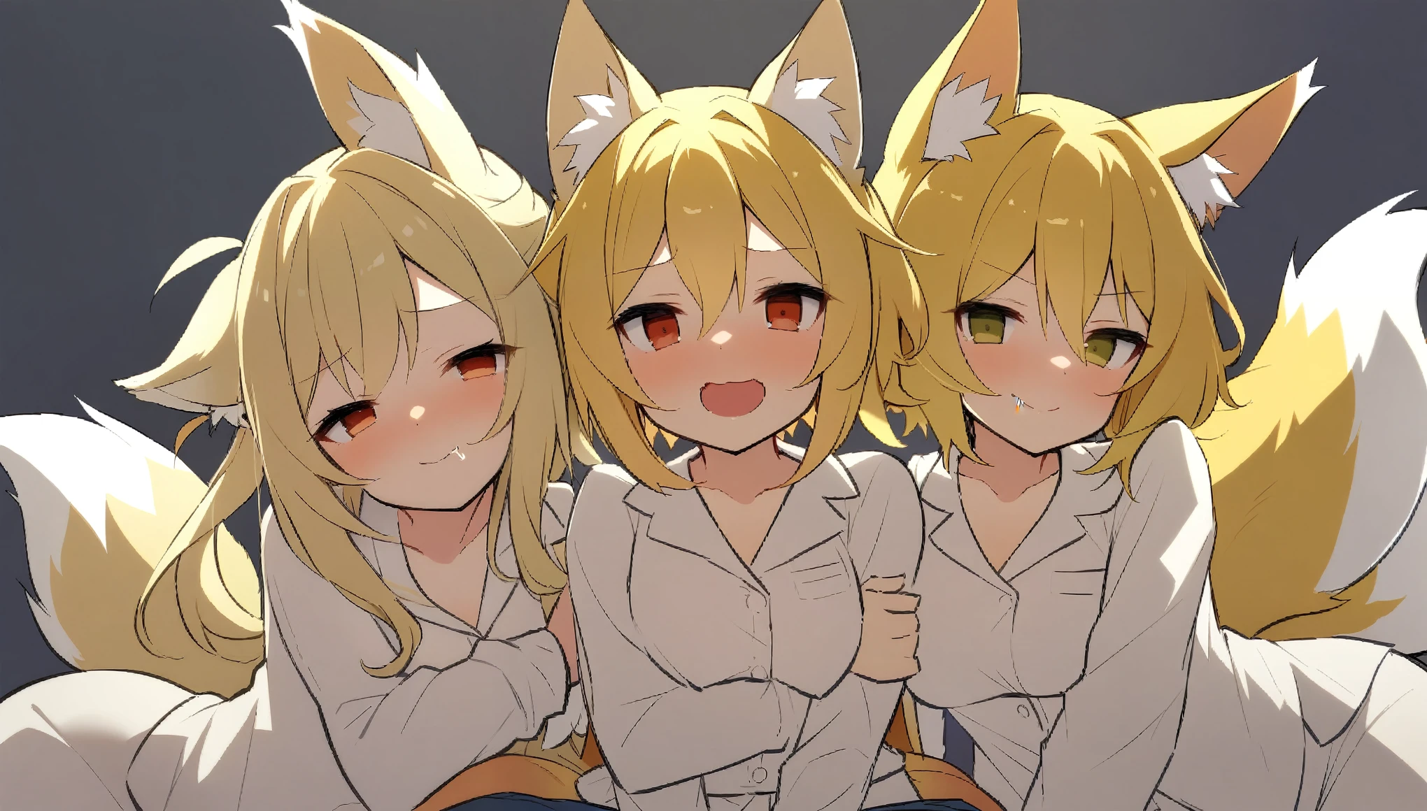 rating:safe, Date-A-Live:3, (Lumine with fox ears:1.5, Yuzetai, Yuzetai assertive female donmai.us), 3_fox_girls, fox girls, blonde hair, selki, arknights, fox ears, shaders, assertive female, girl on top, breast, Pov:2, stomach, shirt, princess connect, hugging viewer, drool, saliva trail, leaning in, depth perception, happy, looking at viewer, cloudy eyes, no_pupils, professional:2, beautiful eyes, lustful eyes, lustful expression, tails, wagging tail, pajamas, dog bone pattern on pajamas, smooth lighting:1.1, HD, perfect expression:1.1, lust:1.1, seductive eyes, 3girls, ears, ears, ears, SFW, white PJs