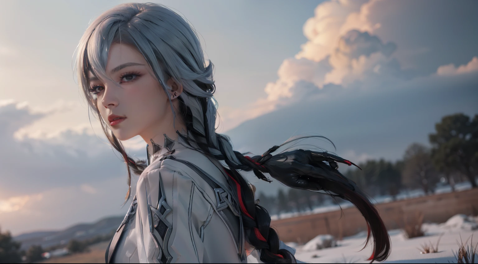  upper body, seductive look, blush, outdoors, snowflake scenery, looking at viewer, cloudy, moody lighting, (perfect detail eyes:1.2), glowing eyes, (long hair one braid:1.2), elemental skill effect, (Masterpiece, Best Quality, High Quality:1.4), professional artwork, Intricate Details, field of view, sharp focus, detailed painting, photorealistic lighting, trending on pixiv, (vivid lighting, vibrant colors:1.05), realistic shadows, ambient occlusion, (athletic body:1.3), mature woman, 30yo,