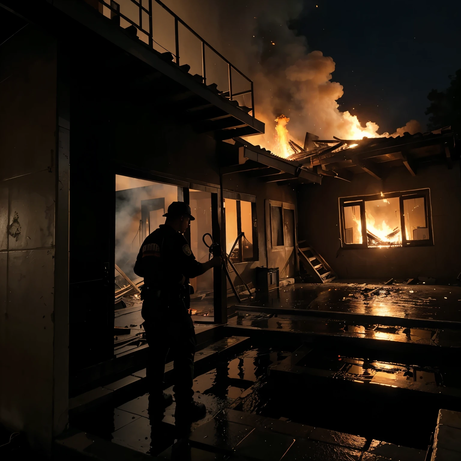 Bombero americano, apagando un incendio sobre una casa, sobre una escalera, tirando agua con su manguera