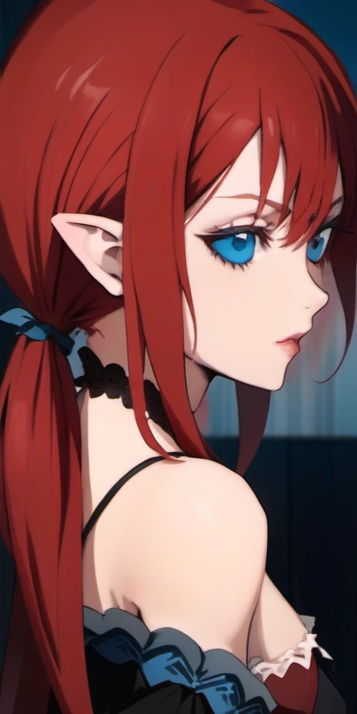 anime,  (1girl), profile, high details, red hair, blue eyes, vampire, masterpiece, best quality