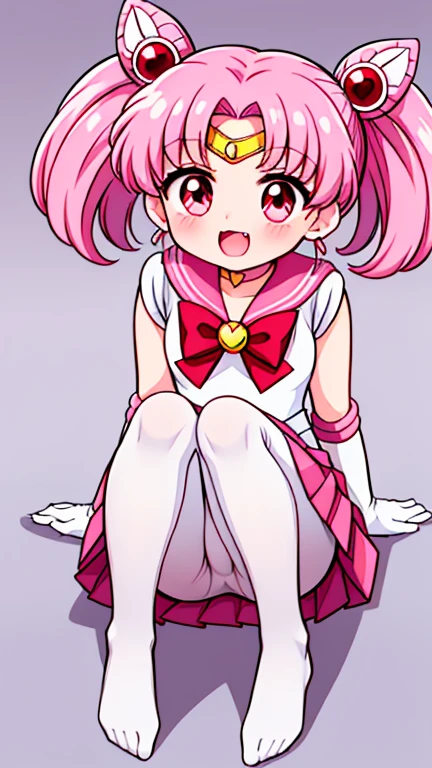 Sailor Moon,young年,Seven years old,cute,(Little ),Pink hair twintails,short hair,Sailor Suit,Red bow,White elbow gloves,Red Skirt,No shoes,Open your mouth,laughing out loud,Fangs,(White pantyhose),Sole,Soles,(young),(little man),sit