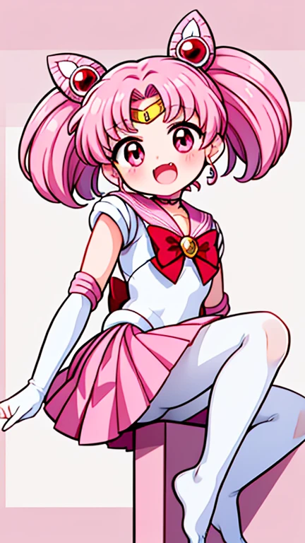 Sailor Moon,young年,Seven years old,cute,(Little ),Pink hair twintails,short hair,Sailor Suit,Red bow,White elbow gloves,Red Skirt,No shoes,Open your mouth,laughing out loud,Fangs,(White pantyhose),Sole,Soles,(young),(little man),sit