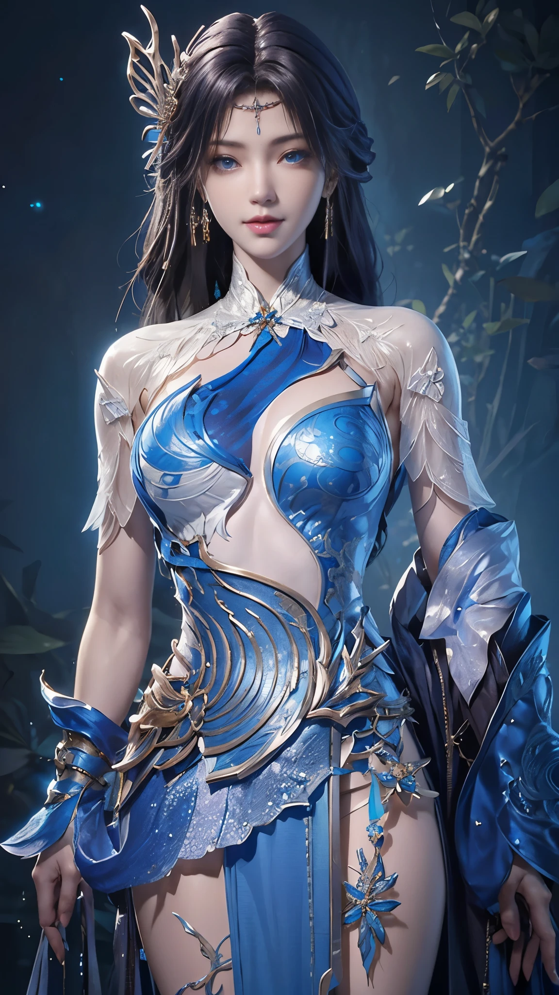 a close up of a woman in a blue dress with a sword, anime character; full body art, blue scales covering her chest, ornate cosplay, costume with blue accents, inspired by Leng Mei, from lineage 2, hyperdetailed fantasy character, fantasy outfit, inspired by Lan Ying, ornate bikini armor, portrait of mermaid warrior, 🌺 cgsociety