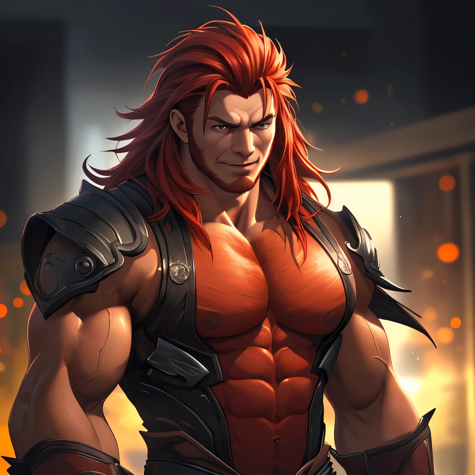 A muscle guy with fiery red hair, a roguish smirk, the likeness of Keqing from the game Punishing Gray Raven, and a handsome guy with a robust chest of hair. (best quality, 4k, highres, masterpiece:1.2), ultra-detailed, (realistic, photorealistic, photo-realistic:1.37), HDR, UHD, studio lighting, ultra-fine painting, sharp focus, physically-based rendering, extreme detail description, professional, vivid colors, bokeh, portraits, anime, vibrant, warm color scheme, dynamic lighting.