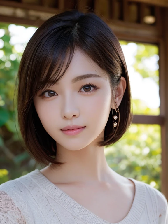 (highest quality:1.5)、(Realistic:1.5)、One person is standing、Bust Shot、Very detailed、finely、High resolution、8k wallpaper、Perfect dynamic composition、Small breasts、Natural color lip、Cute Smile、Japanese women、20-year-old girl、Beautiful and elaborate face、Perfect and beautiful face、Beautiful and detailed、Big eyes、Brunette eyes、Beautiful and elaborate face、Perfect and beautiful double eyelids、Natural Bangs、Beautiful thin nose、Beautiful Skin、Maroon brown hair、Medium Bob Hair、Shortcuts、Natural Bangs、Beautiful Japanese Garden、Perfect and beautiful face、Feminine poses、Slim face and figure、Looking at the camera、Bright lighting、Professional Lighting、front lighting、White oval neck sweater、camellia、