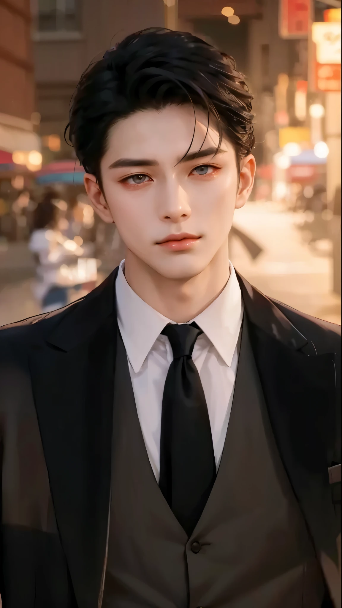 hay un hombre con traje y corbata parado en la calle, Inspirado por Zhang Han, hombre guapo animado, beautiful androgynous prince, handsome stunning realista, Chico anime alto con ojos azules., delicate androgynous prince, inspirado en Yanjun Cheng, cai xukun, chico guapo en el arte de Demon Slayer, realista. cheng yi, pose de anime guapo