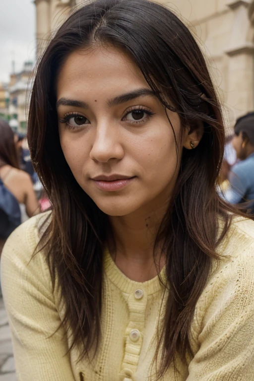 (Obra maestra, mejor calidad, high resolution: 1.2), 1 chica, mirada abajo, paseando, cabello largo, parte superior del cuerpo, sueter, cabello negro, rasgos latinos europeos, plazaz de armas de la ciudad de lima, Peru