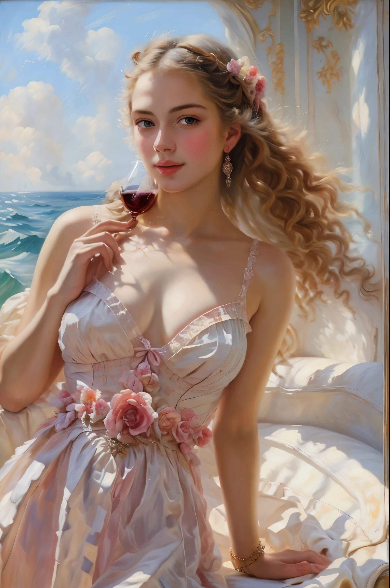 masterpiece, best quality, extremely detailed, hyperrealistic, oil painting, rococo art, in watteau style, a beautiful 20s french model, sea:1.1