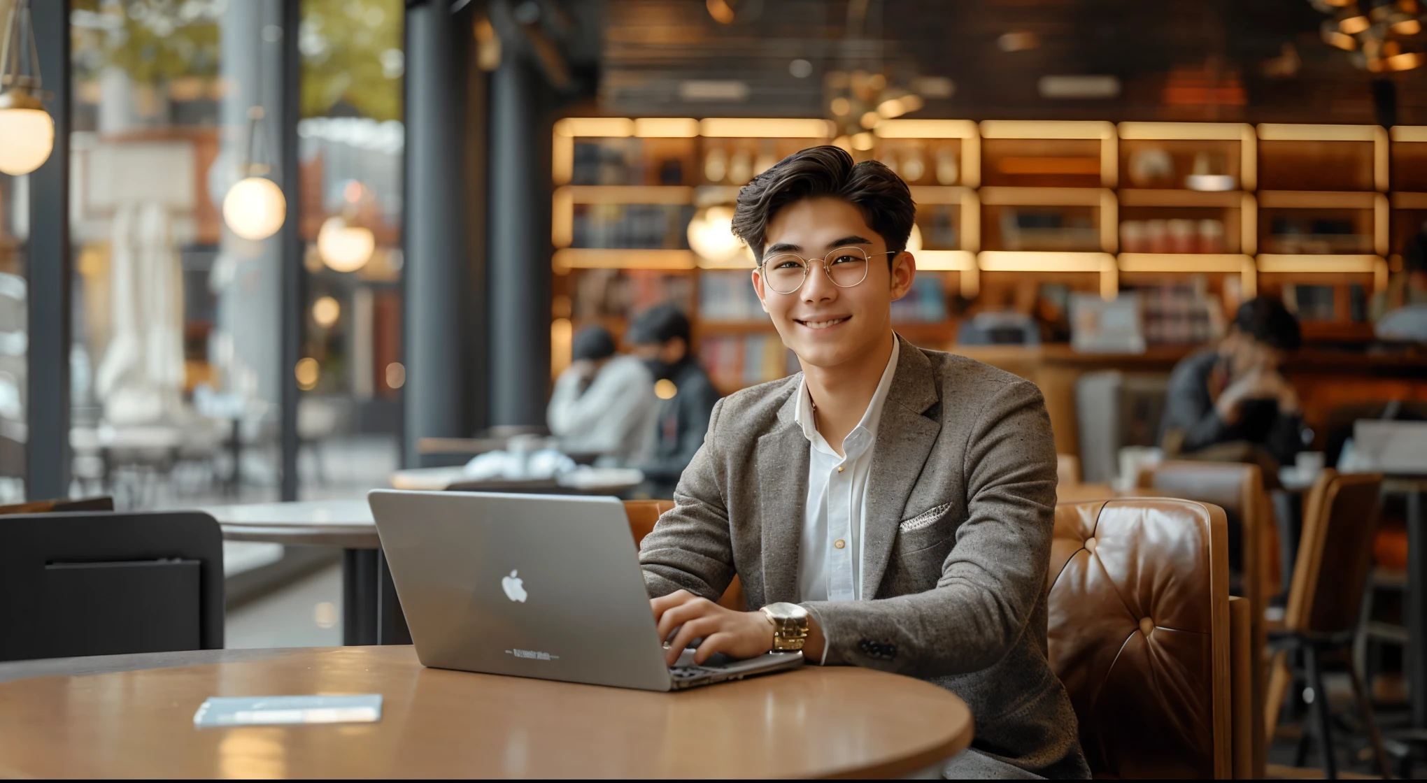 A 20-year-old man with a sunny smile, wearing gold-rimmed glasses and business attire, looks professional and detail-oriented, is composing an email, with a simple library or cafe in the background