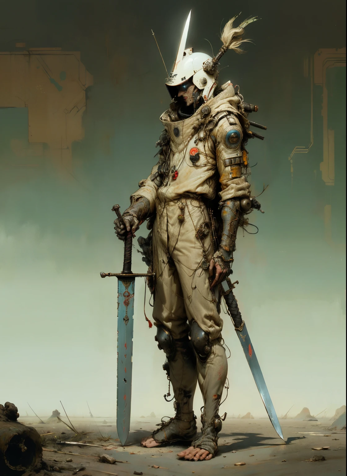 perfect proportions, anatomically correct, (head to toe: 2.0), (full body image: 2.0), solo, (Casshern: 1.6), extremely stylized, deviant art, masterpiece, highly detailed, detailed eyes, expressive detailed eyes, detailed pupils, futuristic, ((1950s scifi helmet)), ((pointy helmet)), Rubber Gloss, (flightsuit:1.4), big boots, entire body image, full body shot, nvinkpunk, professional photograph of alexander_skarsgard, tassles, large beads, (large tassels), cyberpunk, inkpunk, paint platter, ink splatter, (action pose:1.0), ((holding a sword and a severed head))