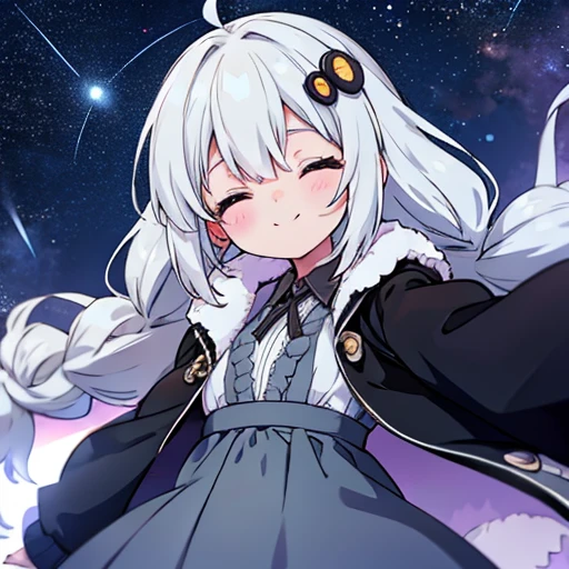  Gray Hair, close your eyes, long hair, bangs, blush,  bright, smile, Starry Sky, Street, hair accessory, Baby Face, 12 years old, Enchanted, Droopy eyes, dress, Strong lighting, Black jacket, Selfie, Close-up on face, 