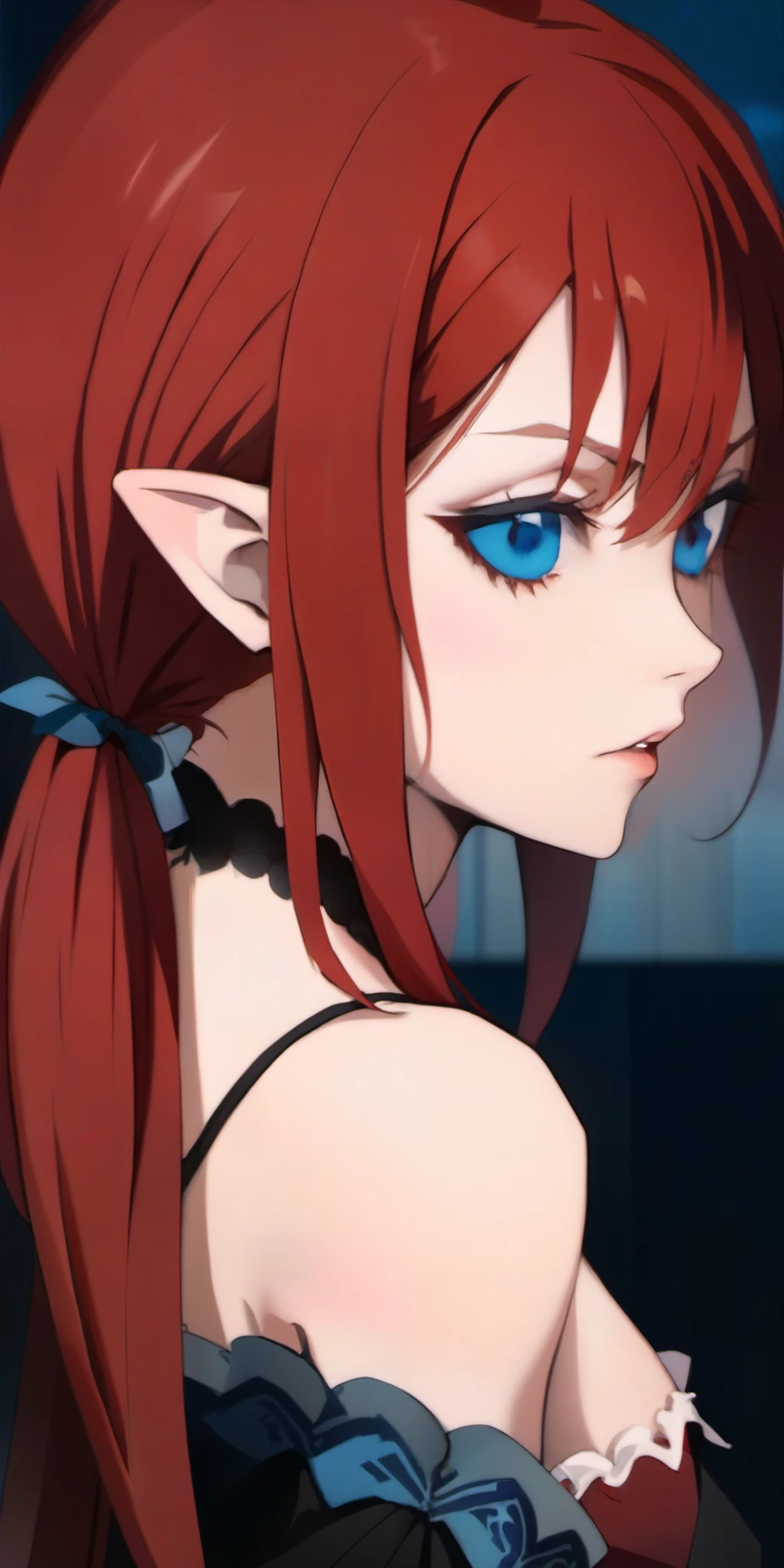 anime,  (1girl), profile, high details, red hair, blue eyes, vampire, masterpiece, best quality