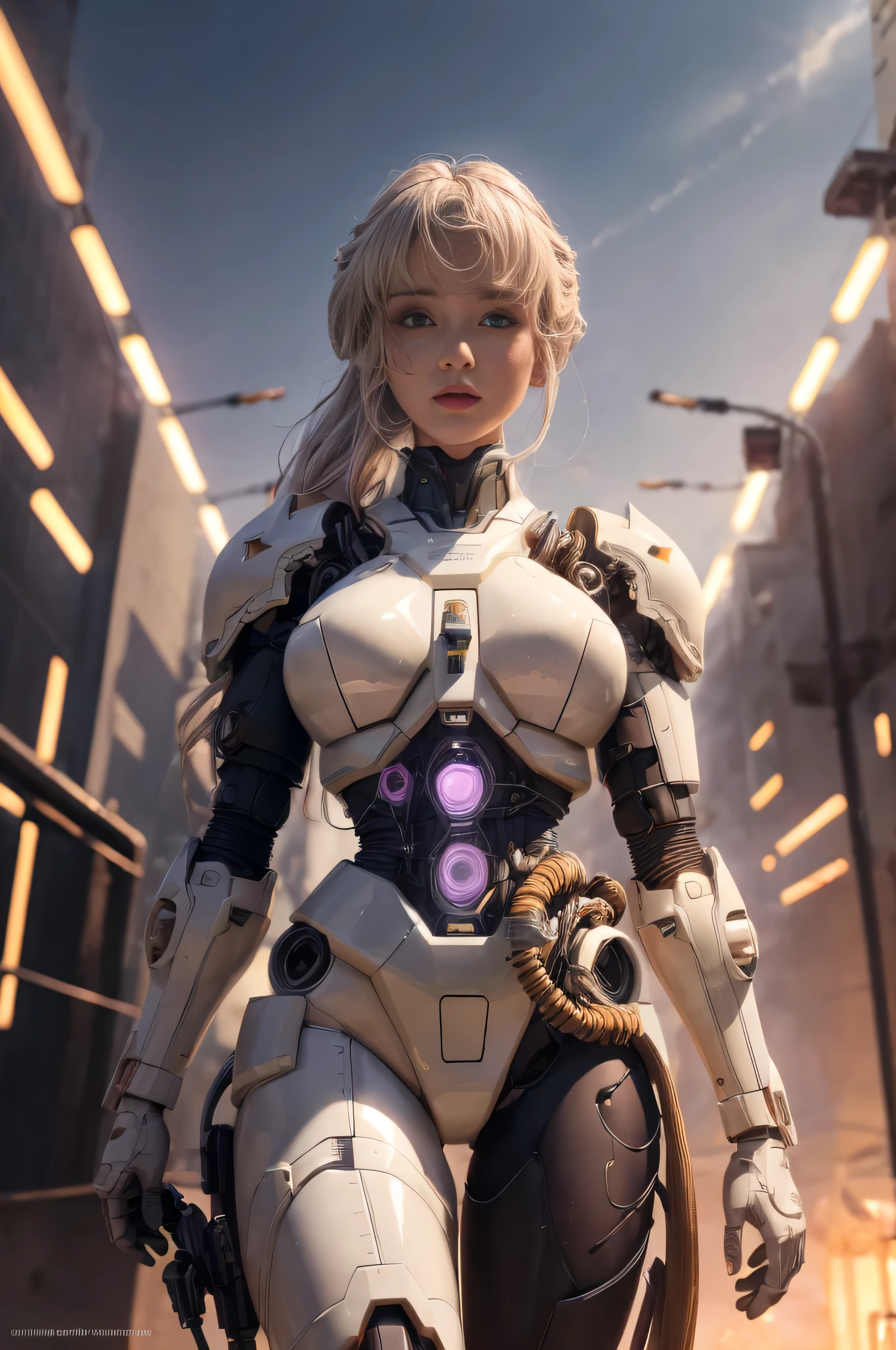 1mechanical_girl_with_kidou_keisatsu_patlabor_body , wearing_intricate_bioluminescent_mechanical_cyborg_armor_made_out_of ((white_beige_old_plastic)) , ((ultra realistic details)), detailed_face, global_illumination, shadows, octane_render, 8k, ultra_sharp, metal, ornaments_detailed, cold_colors, egypician_detail, highly_intricate_details, realistic_light, trending_on_cgsociety, glowing_eyes, look down on someone, ((from below)), lifted by self, looking at viewer, neon_details, machanical_limbs, blood_vessels_connected_to_tubes, ((lot_wires_and_cables_connecting_to_head_and_body)), killing_machine, extremely_sexy, lustful, medium breasts, slutty , official wallpaper, NSFW, In the style of Neon Genesis Evangelion, you find yourself standing on a desolate, post - apocalyptic wasteland, as the distant ruins of a massive city loom on the horizon. The sky is filled with ominous clouds, as a massive creature towers in the distance, cinematic light, dramatic light, pink + violet