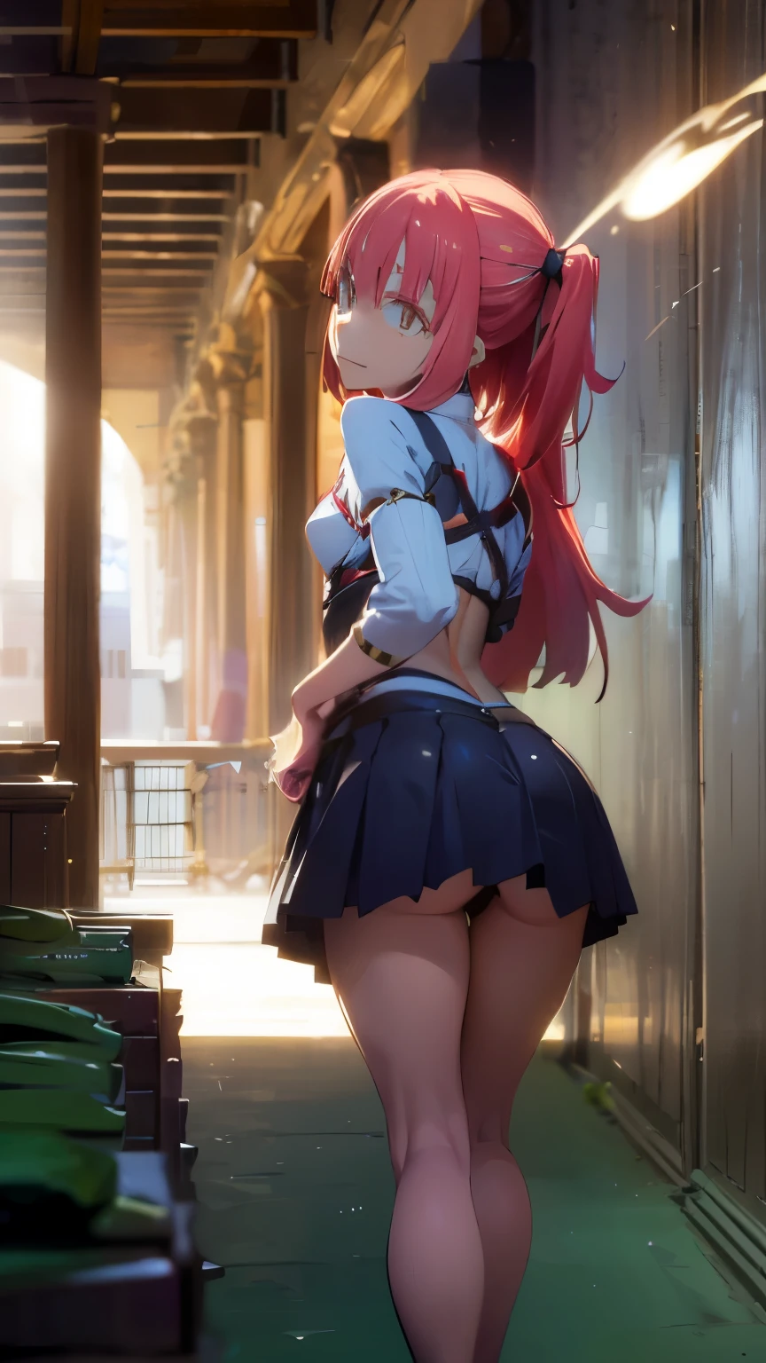 Milim turns around, shy face, cute, slim figure, the background is a battlefield, an aura of light emanates from her whole body, a masterpiece, leaning forward, blushing, embarrassed,