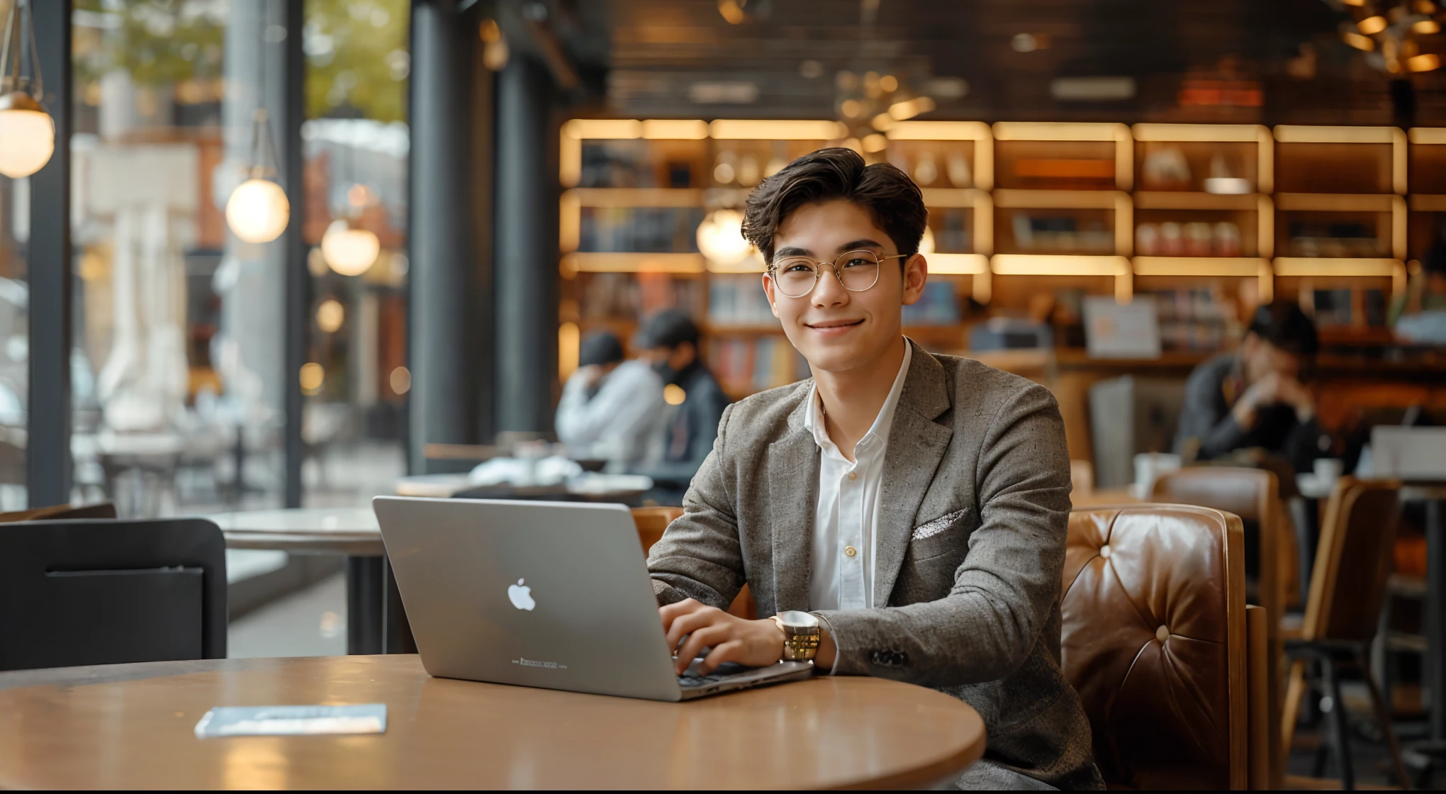 A 20-year-old  man with a sunny smile, wearing gold-rimmed glasses and business attire, looks professional and detail-oriented, is composing an email, with a simple library or cafe in the background 