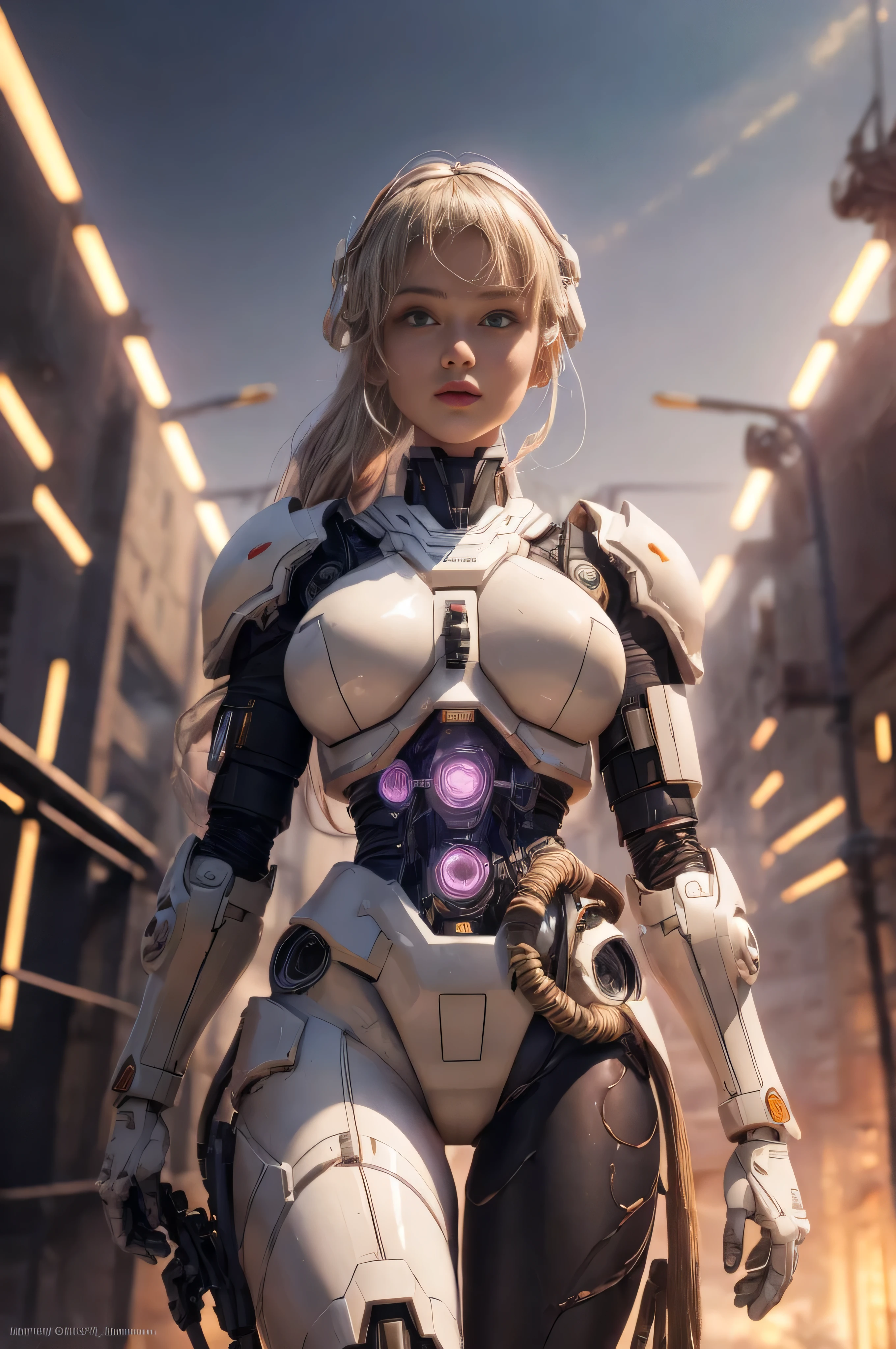 1mechanical_girl_with_kidou_keisatsu_patlabor_body , wearing_intricate_bioluminescent_mechanical_cyborg_armor_made_out_of ((white_beige_old_plastic)) , ((ultra realistic details)), detailed_face, global_illumination, shadows, octane_render, 8k, ultra_sharp, metal, ornaments_detailed, cold_colors, egypician_detail, highly_intricate_details, realistic_light, trending_on_cgsociety, glowing_eyes, look down on someone, ((from below)), lifted by self, looking at viewer, neon_details, machanical_limbs, blood_vessels_connected_to_tubes, ((lot_wires_and_cables_connecting_to_head_and_body)), killing_machine, extremely_sexy, lustful, medium breasts, slutty , official wallpaper, NSFW, In the style of Neon Genesis Evangelion, you find yourself standing on a desolate, post - apocalyptic wasteland, as the distant ruins of a massive city loom on the horizon. The sky is filled with ominous clouds, as a massive creature towers in the distance, cinematic light, dramatic light, pink + violet