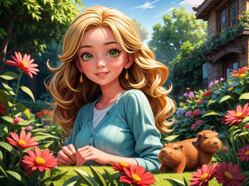 (highres,ultra-detailed),(realistic:1.37),(professional),(portraits),(sharp focus),(HDR),(vivid colors),(studio lighting),(extremely detailed eyes and face),(beautiful detailed eyes),(beautiful detailed lips),(long eyelashes),(blonde hair),(curly hair),(smiling),(outdoor),(sunny day),(green garden),(flowers),(colorful dress),(blue sky),(girl playing),(((a capybara)))