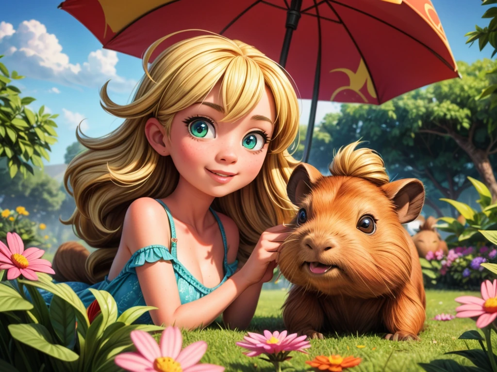 (highres,ultra-detailed),(realistic:1.37),(professional),(portraits),(sharp focus),(HDR),(vivid colors),(studio lighting),(extremely detailed eyes and face),(beautiful detailed eyes),(beautiful detailed lips),(long eyelashes),(blonde hair),(curly hair),(smiling),(outdoor),(sunny day),(green garden),(flowers),(colorful dress),(blue sky),(girl playing),(((a capybara)))