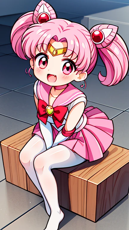 Sailor Moon,young年,Seven years old,cute,(Little ),Pink hair twintails,short hair,Sailor Suit,Red bow,White elbow gloves,Red Skirt,No shoes,Open your mouth,laughing out loud,Fangs,(White pantyhose),Sole,Soles,(young),(little man),sit