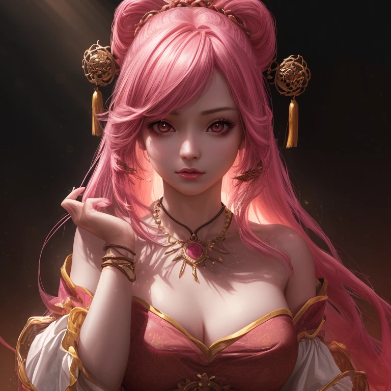 (tmasterpiece, top-quality, Ultra-detailed:1.3),1girll,(18 years old),(perfect anatomia)，CharacterDesignSheet，Chinese style，A pink-haired，White background，ogle，photography of，Look to the lens，Bandeau，lacepantyhose，perfectly proportions