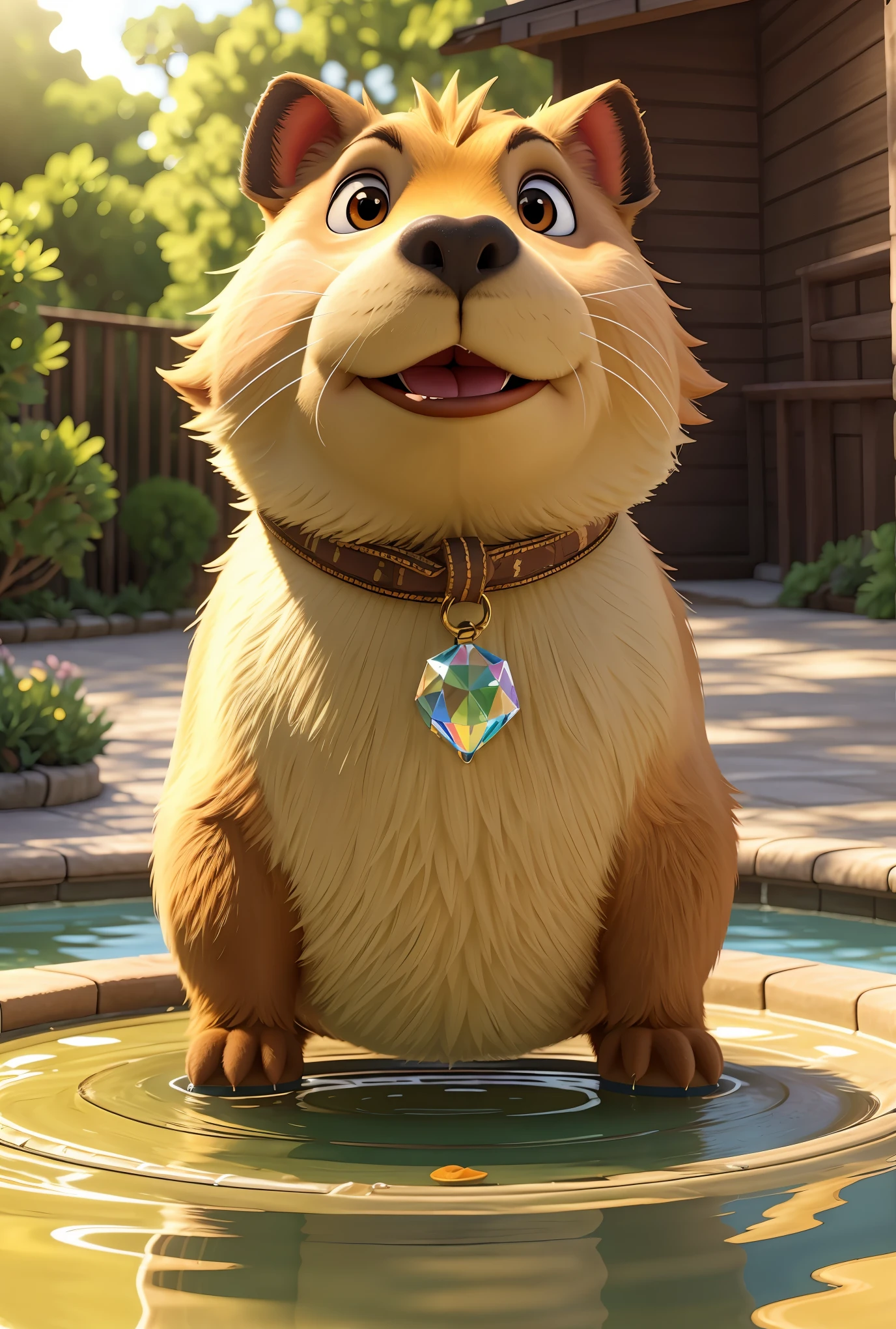 capybara in a pool,sunlight,crystal clear reflection,realistic,high quality,ultra-detailed,photorealistic:1.37,ultra-fine painting,natural colors,warm tones,soft shadows