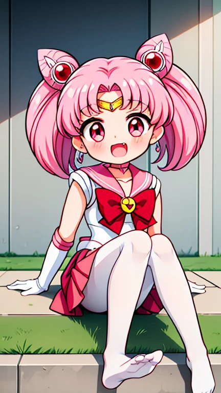 Sailor Moon,young年,Seven years old,cute,(Little Loli),Pink hair twintails,short hair,Sailor Suit,Red bow,White elbow gloves,Red Skirt,No shoes,Open your mouth,laughing out loud,Fangs,(White pantyhose),Sole,Soles,(young),(little man),sit