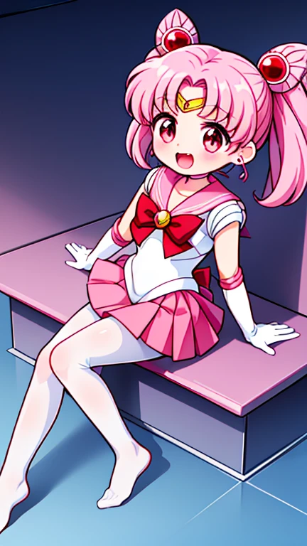 Sailor Moon,young年,Seven years old,cute,(Little Loli),Pink hair twintails,short hair,Sailor Suit,Red bow,White elbow gloves,Red Skirt,No shoes,Open your mouth,laughing out loud,Fangs,(White pantyhose),Sole,Soles,(young),(little man),sit