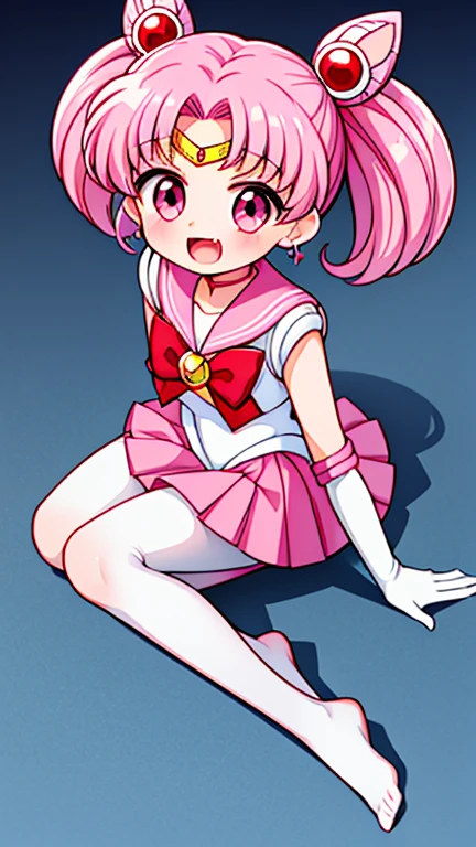 Sailor Moon，young年，Seven years old，cute，（Little Loli），Pink hair twintails，short hair，Sailor Suit，Red bow，White elbow gloves，Red Skirt，No shoes，Open your mouth，laughing out loud，Fangs，(White pantyhose),Sole，Soles，(young)，(little man)，sit