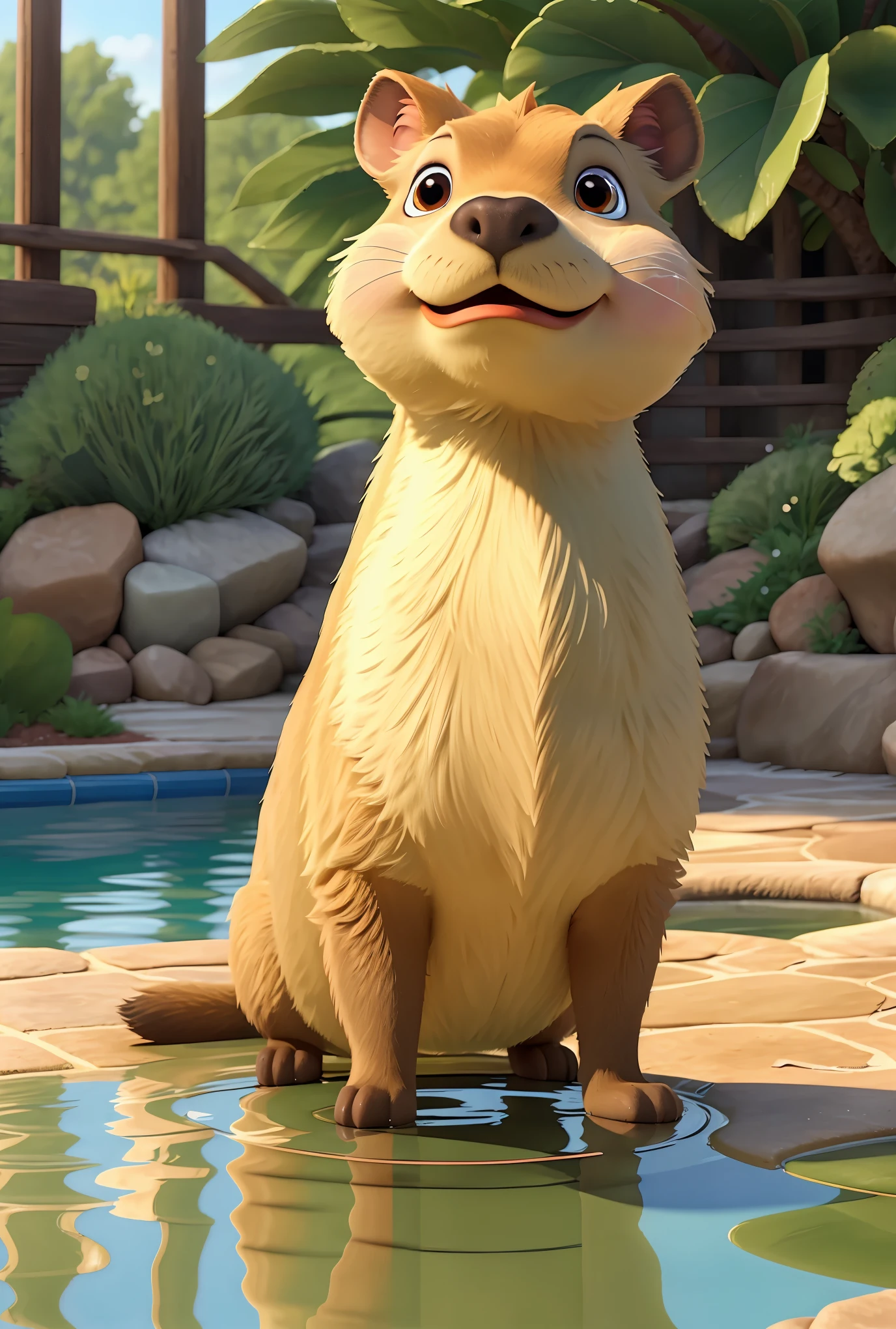 capybara in a pool,sunlight,crystal clear reflection,realistic,high quality,ultra-detailed,photorealistic:1.37,ultra-fine painting,natural colors,warm tones,soft shadows