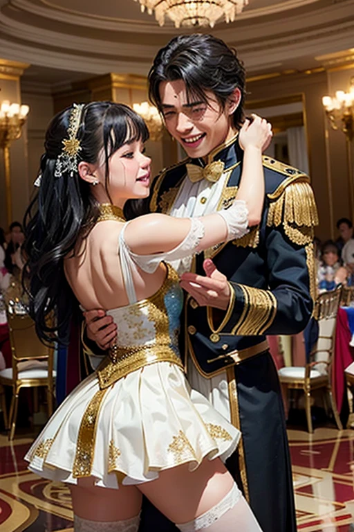 A teenage girl is crying and a man is laughing. They are dancing in a ballroom. they wear fantasy uniform.