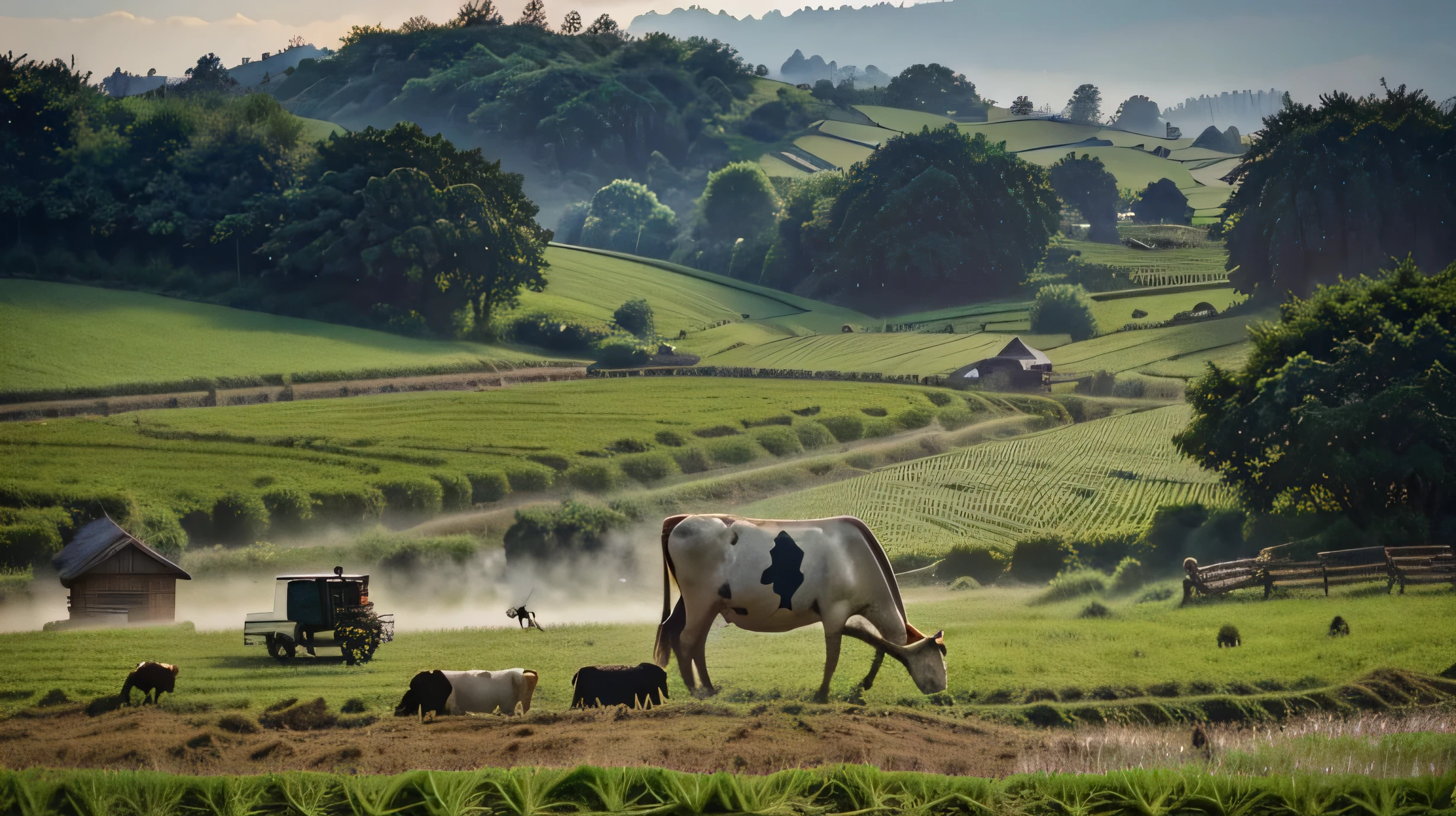 there is a man standing next to a cow in a field, in the countryside, by Rudy Siswanto, inspired by Rudy Siswanto, countryside, inspired by Wadim Kashin, awesome greate composition, japanesse farmer, very beautiful photo, peaceful scene, amazing composition, villagers busy farming, morning time, summer morning light, illustration!, traditional art